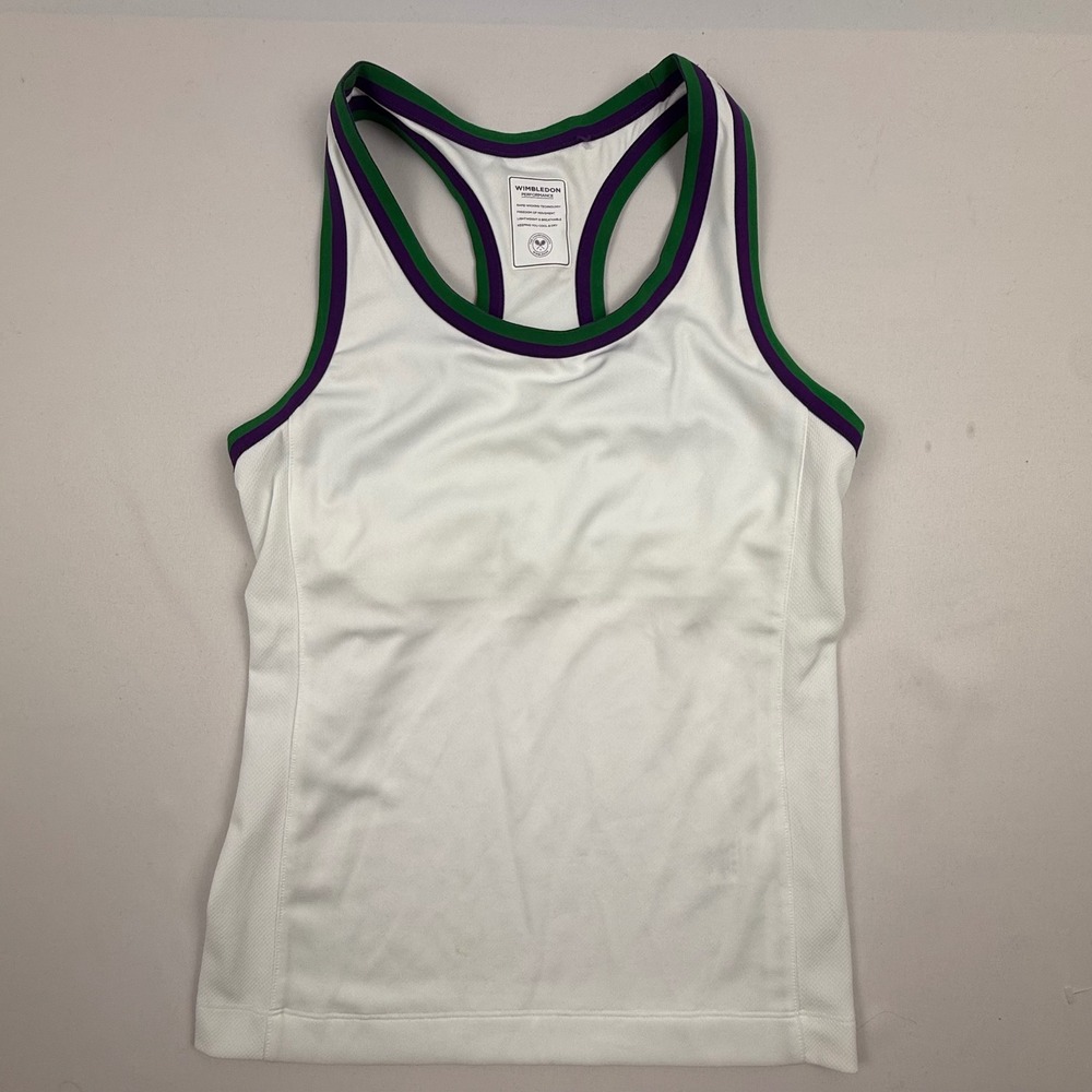 Wimbledon Performance Women White Tennis Racerback Tank Top Green Purple Trim